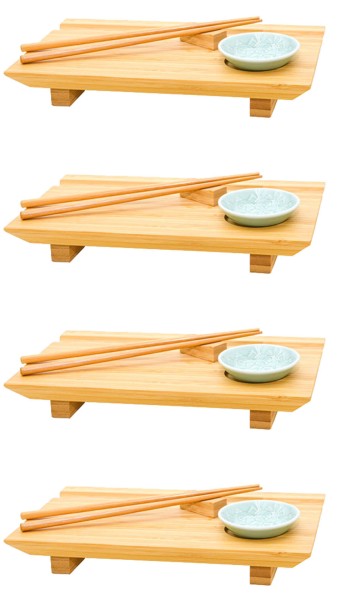 4x Japanisches Sushi Brett - 27x16x4 Bambus Platten Set - Teller mit Schälchen