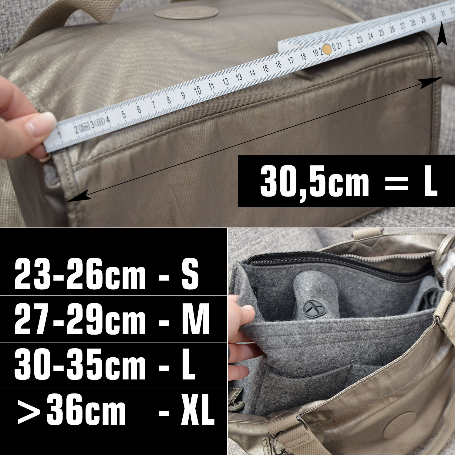 Handtaschen Organizer 23x10x16 cm Filz Tasche Innentasche Taschen Einsatz S  Grau
