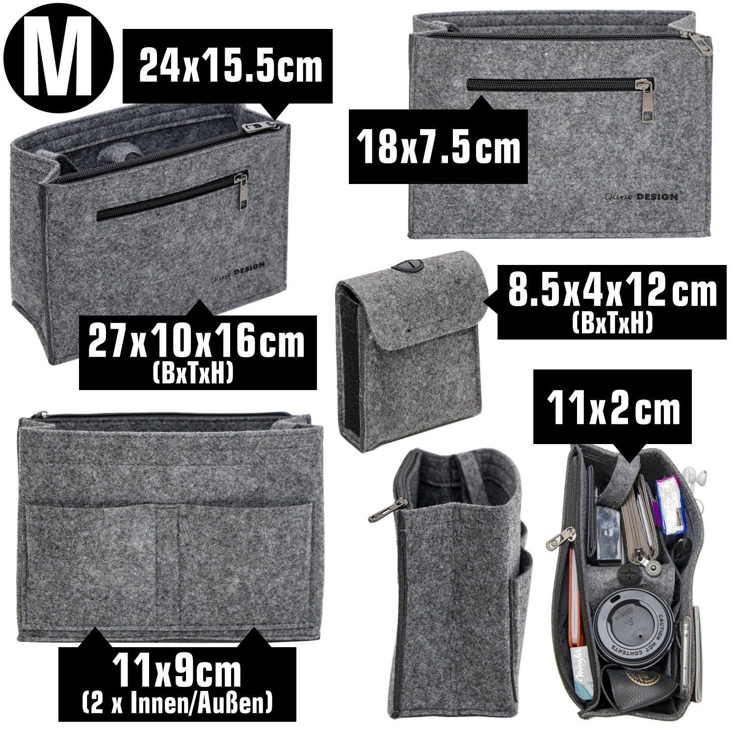24.5x18.5x10cm Universal Nylon Organizer Tasche Grau