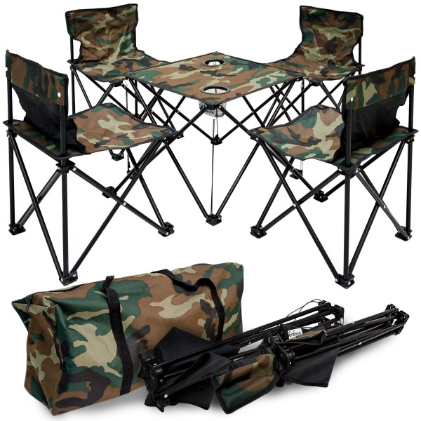 Campingtisch Set Falttisch mit 4 Klappstühlen Tasche Camouflage Tarnfarbe
