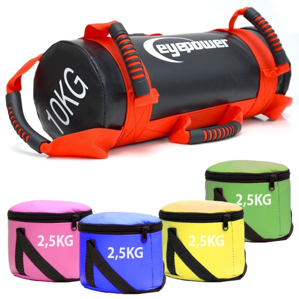 10kg Power Bag mit 4 Kettlebell Gewichten - 17x45 Home Training Sandbag 6 Griffe
