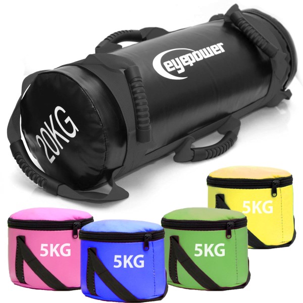 20kg Power Bag mit 4 Kettlebell Gewichten - 20x60 Home Training Sandbag 6 Griffe