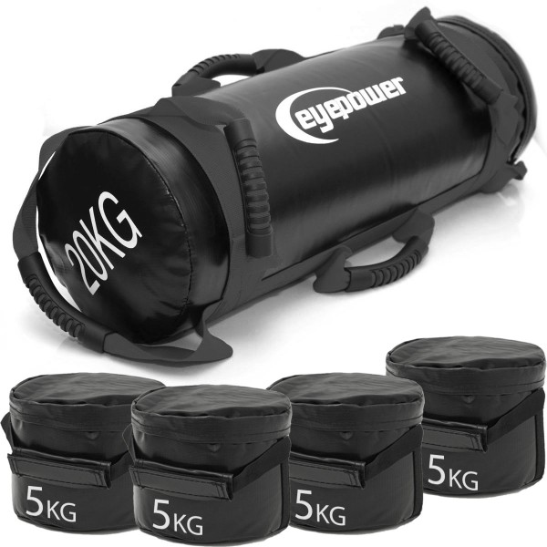 20kg Power Bag mit 4 Kettlebell Gewichten - 20x60 Home Training Sandbag 6 Griffe