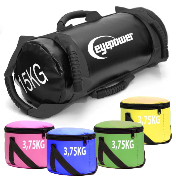 15kg Power Bag mit 4 Kettlebell Gewichten - 18x50 Home Training Sandbag 6 Griffe