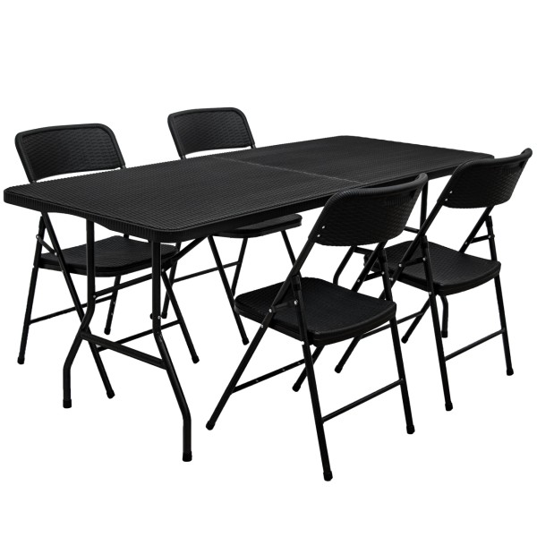 Gartenmöbel Set in Rattan Optik - 180 cm Tisch mit 4 Stühlen Sitzgruppe Klappbar