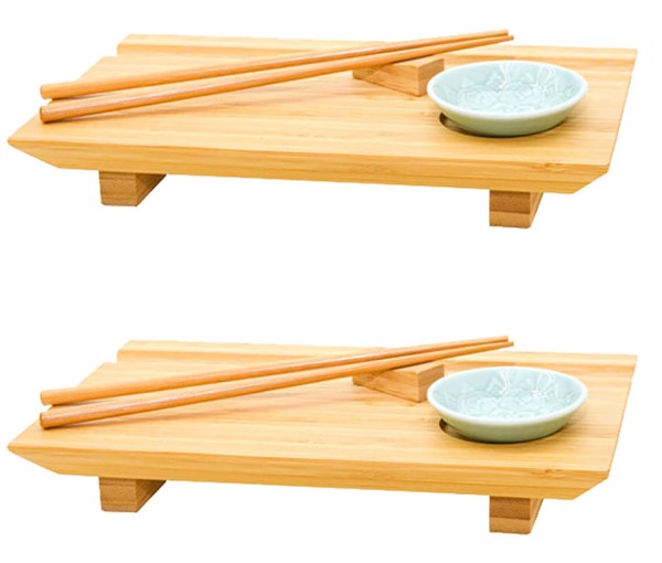 2x Japanisches Sushi Brett - 27x16x4 Bambus Platten Set - Teller mit Schälchen