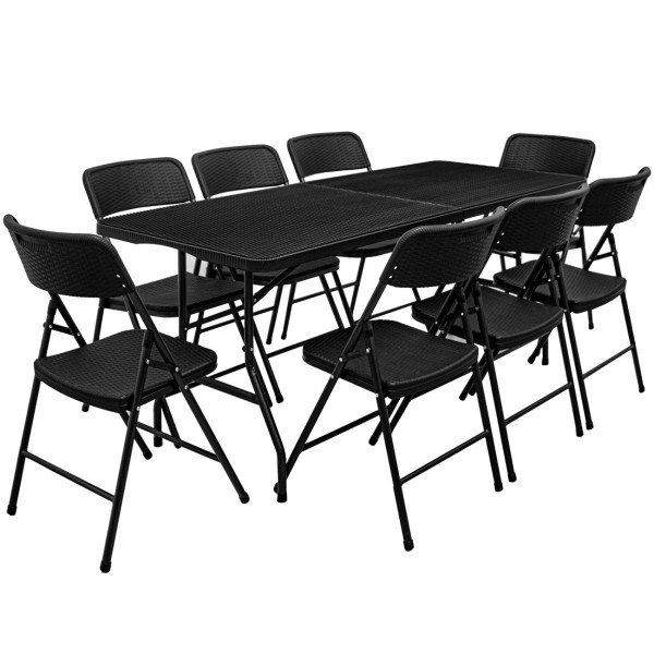 Gartenmöbel Set in Rattan Optik - 180 cm Tisch mit 8 Stühlen Sitzgruppe Klappbar